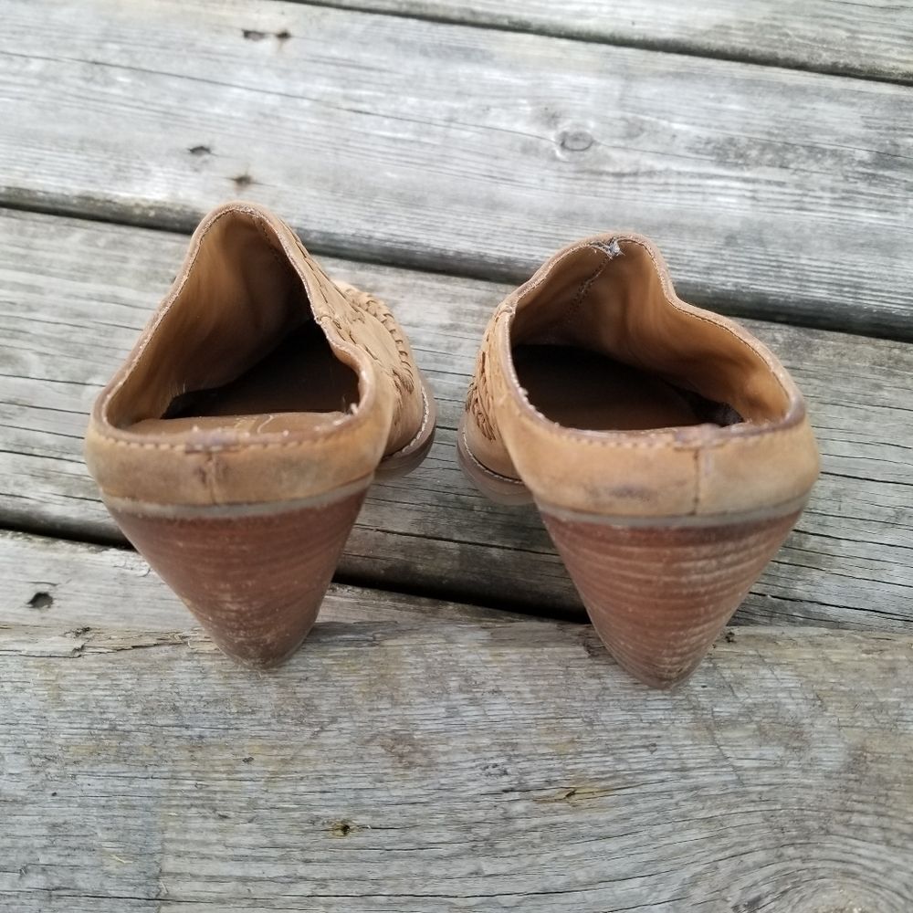 Vintage 90s y2k Camel Tan Suede Boho Western Cowgirl Whipstitch Heeled Mules 6.5 - Picture 3 of 10
